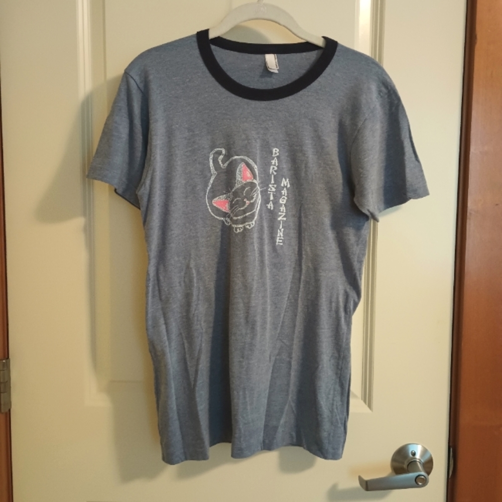 Adorable Barista Magazine Heathered Blue Cat Graphic Tee Shirt